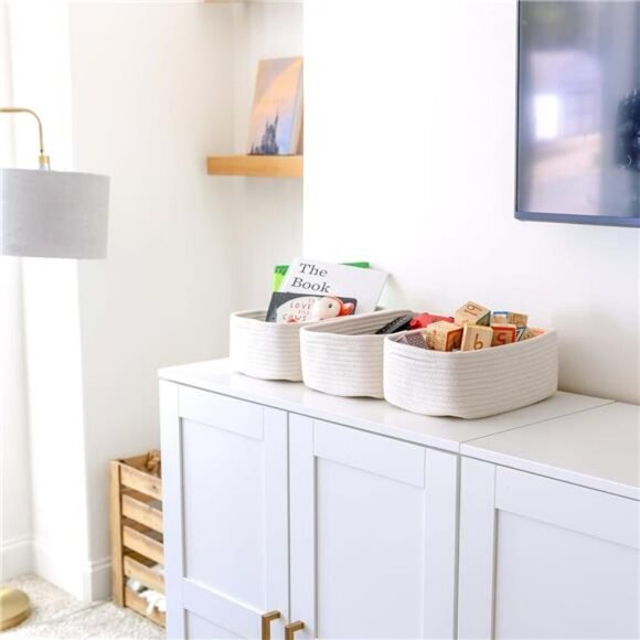 Cotton Rope Storage Baskets Set of 3 Small Woven Bins for Shelf Nursery Closet - Picture 2 of 7